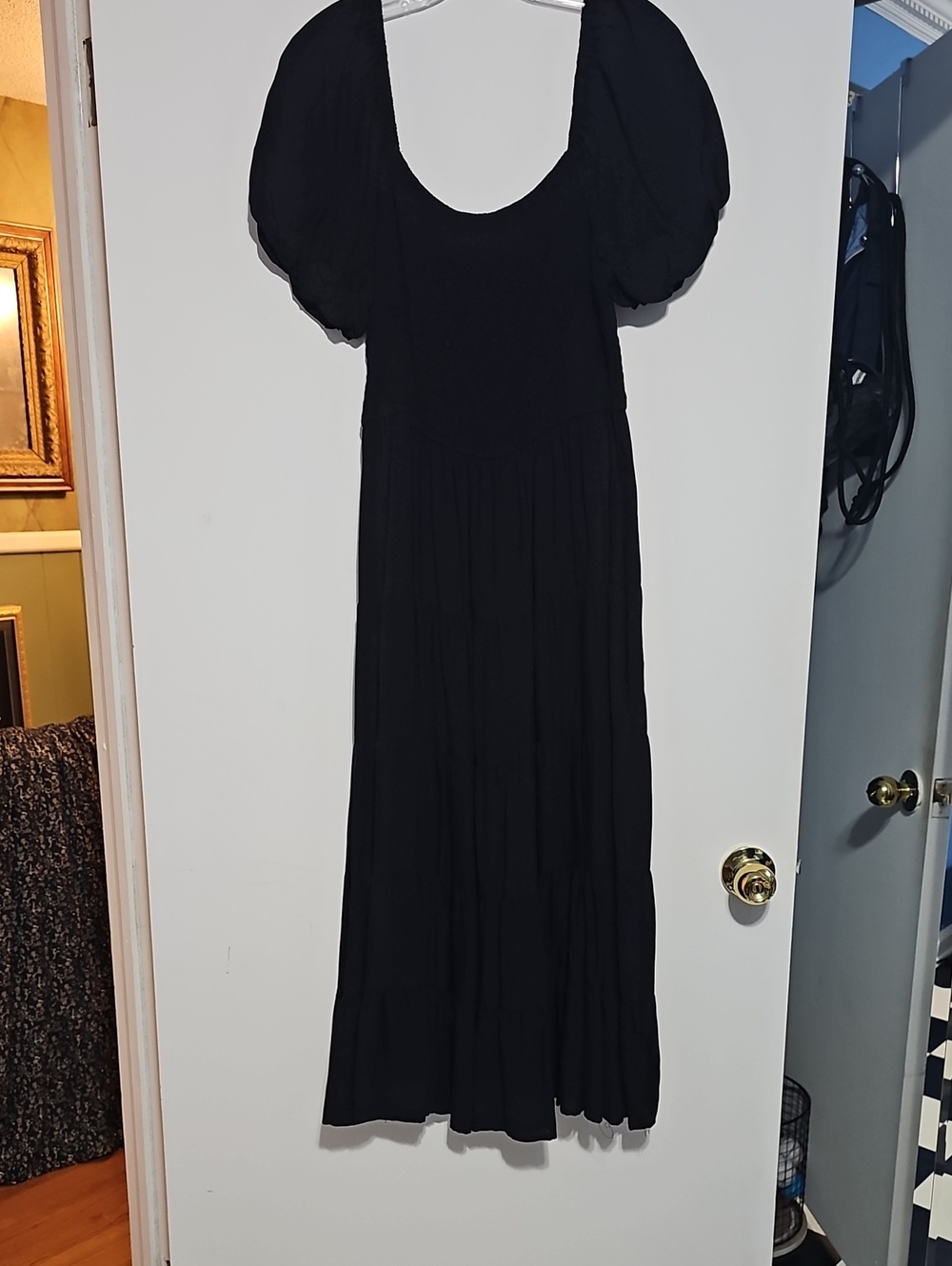 Black Puff-Sleeve Maxi Dress Elegant Everyday Style Smocked Bodice Womens Large